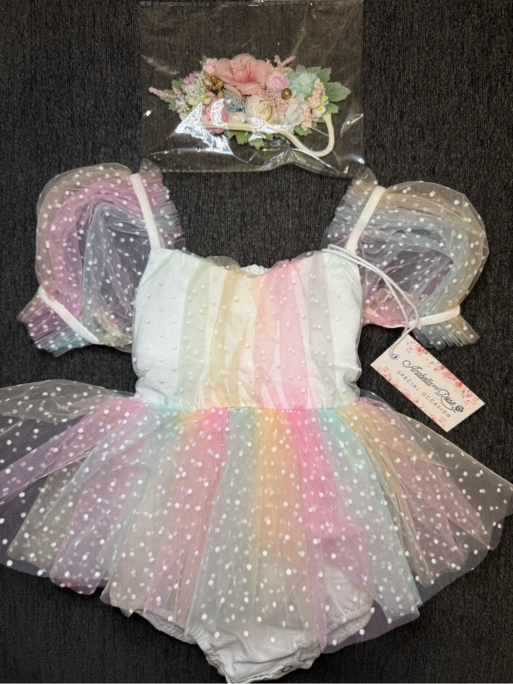 NWT Arabella & Rose Rainbow Fairy Floss Baby Girl Tulle Party Romper size 1